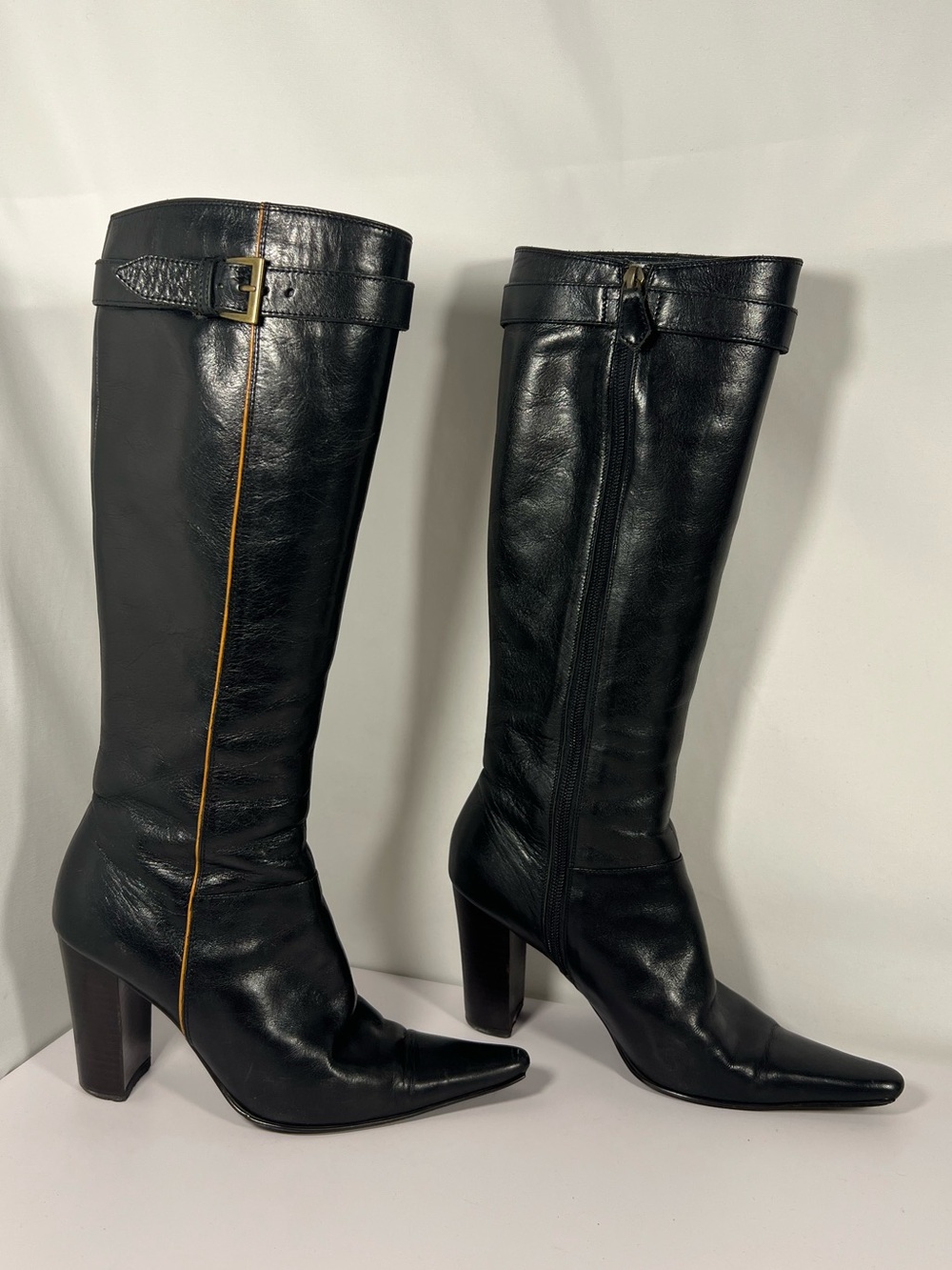 7831: Burberry London Blue Label Leather Knee High Boots Nova Check JP 23.5
